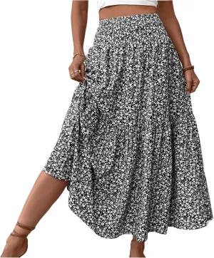 Boho Skirts for Women - High Waisted Floral Maxi Skirt with Pockets, Elastic Waist Flowy Beach Vacation Dress