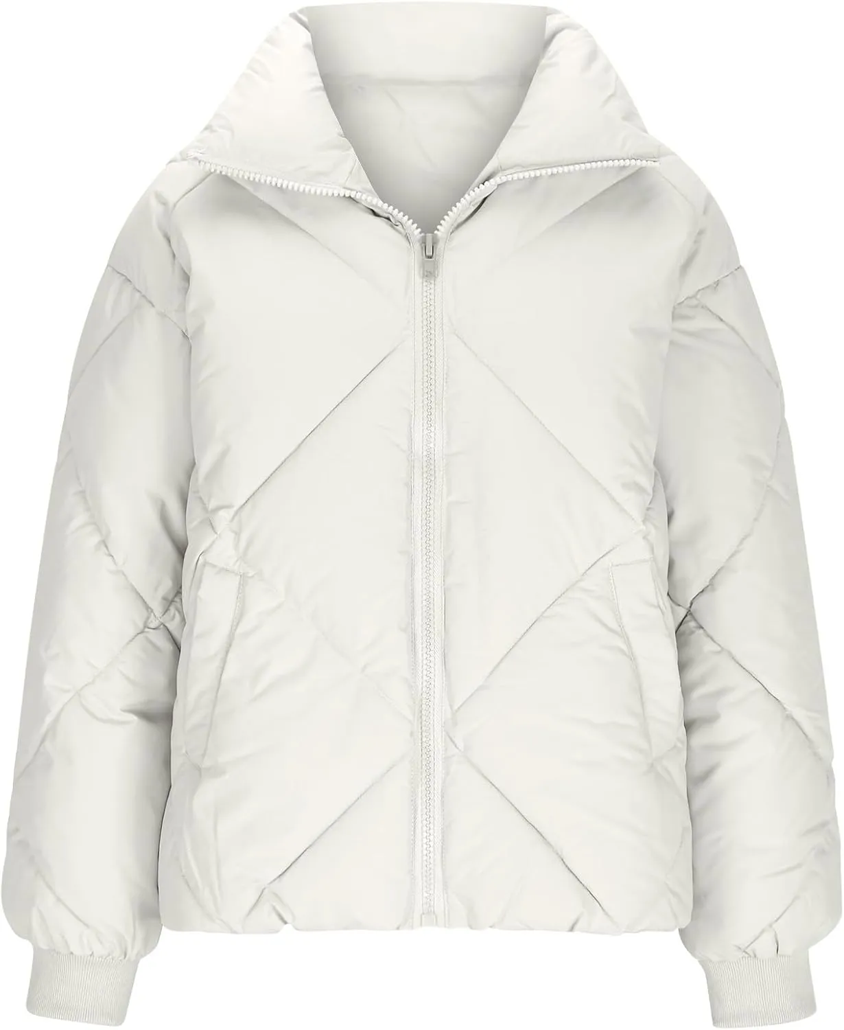 Borniu Womens Winter Quilted Jackets Long Sleeve Full Zip Puffer Jacket Stand Collar Baggy Short Down Coats Outerwear