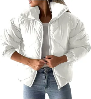 Borniu Womens Winter Quilted Jackets Long Sleeve Full Zip Puffer Jacket Stand Collar Baggy Short Down Coats Outerwear