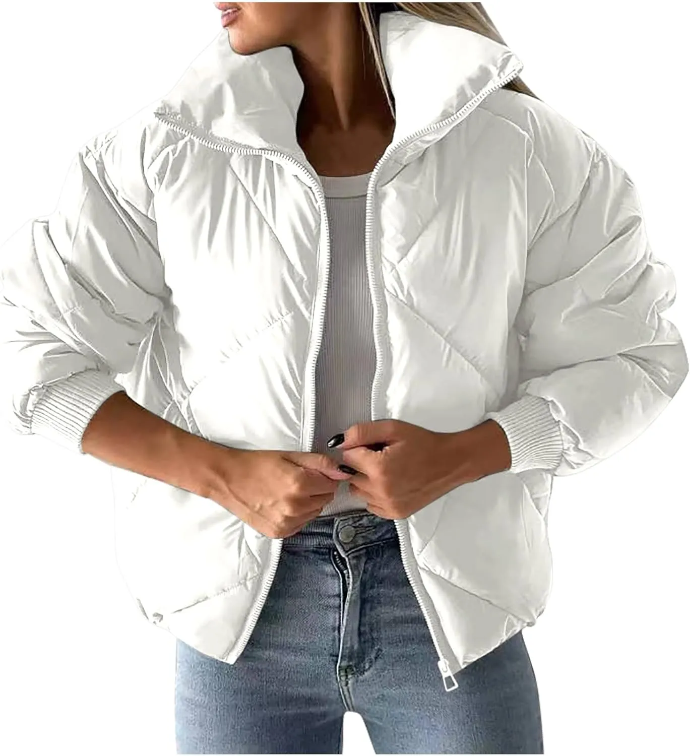 Borniu Womens Winter Quilted Jackets Long Sleeve Full Zip Puffer Jacket Stand Collar Baggy Short Down Coats Outerwear
