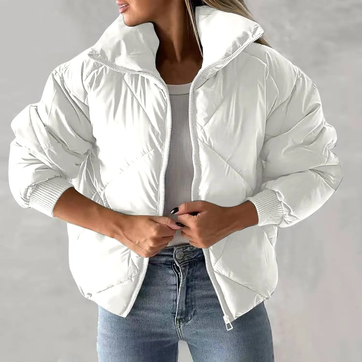 Borniu Womens Winter Quilted Jackets Long Sleeve Full Zip Puffer Jacket Stand Collar Baggy Short Down Coats Outerwear