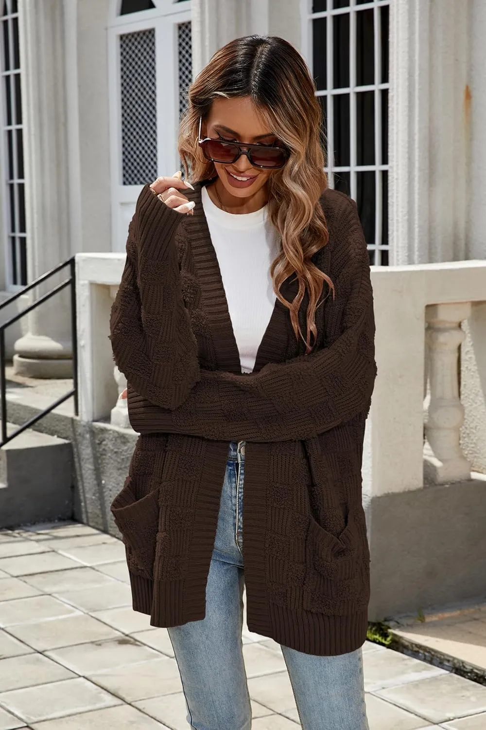 Cakulo Womens Oversized Fall Checkered Cardigan Sweaters 2024 Trendy Open Front Chunky Cardigans Knit Sweater Coats