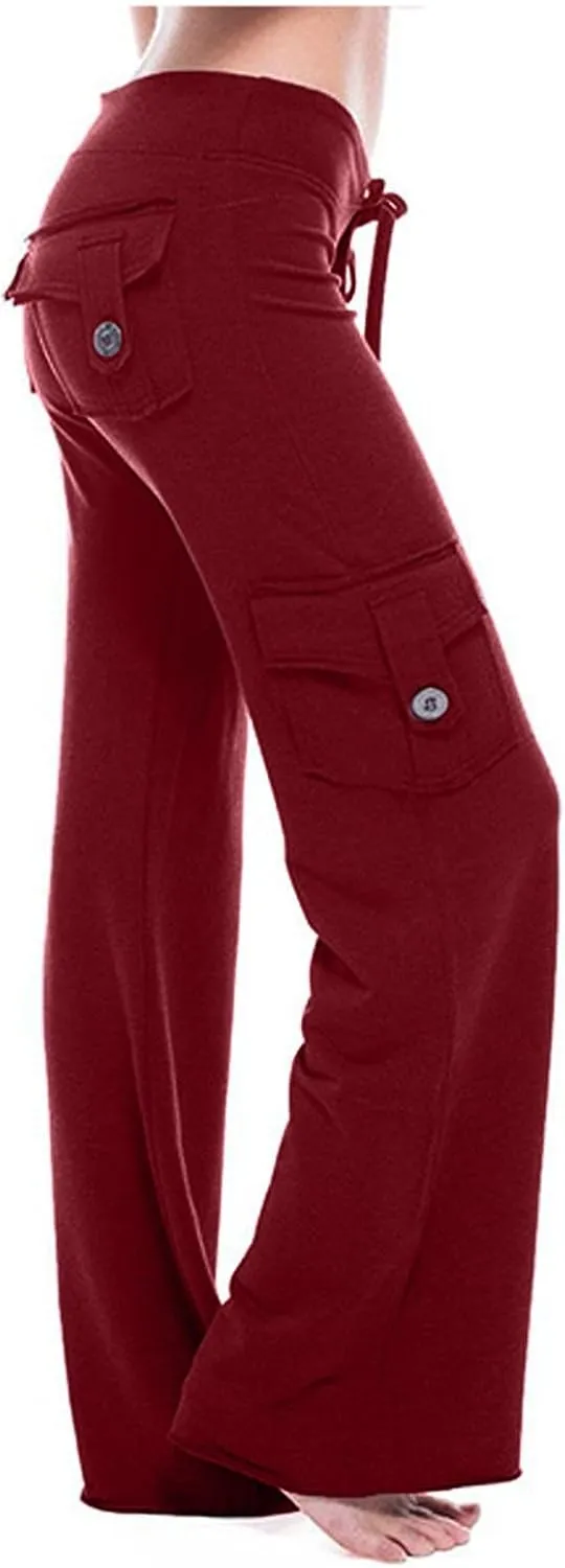 Cargo Pants for Women Bootcut Yoga Pants with Pockets Baggy Wide Leg Palazzo Pants Drawstring High Waisted Joggers