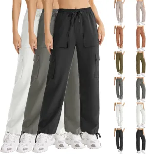 Cargo Sweatpants for Women Drawstring Straight Leg Cargo Joggers with Pockets High Waisted Hiking Pants Lounge Pants