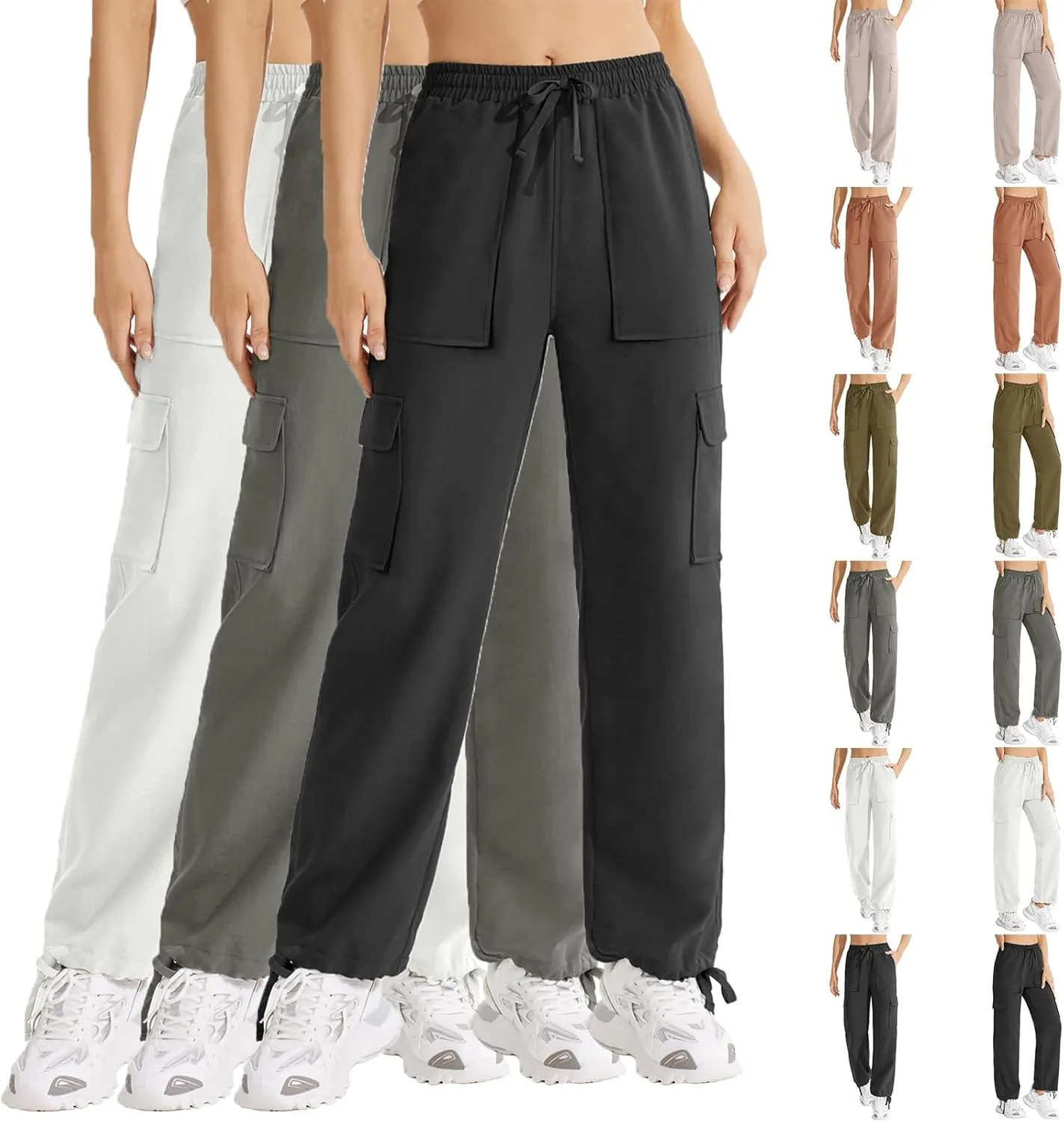 Cargo Sweatpants for Women Drawstring Straight Leg Cargo Joggers with Pockets High Waisted Hiking Pants Lounge Pants