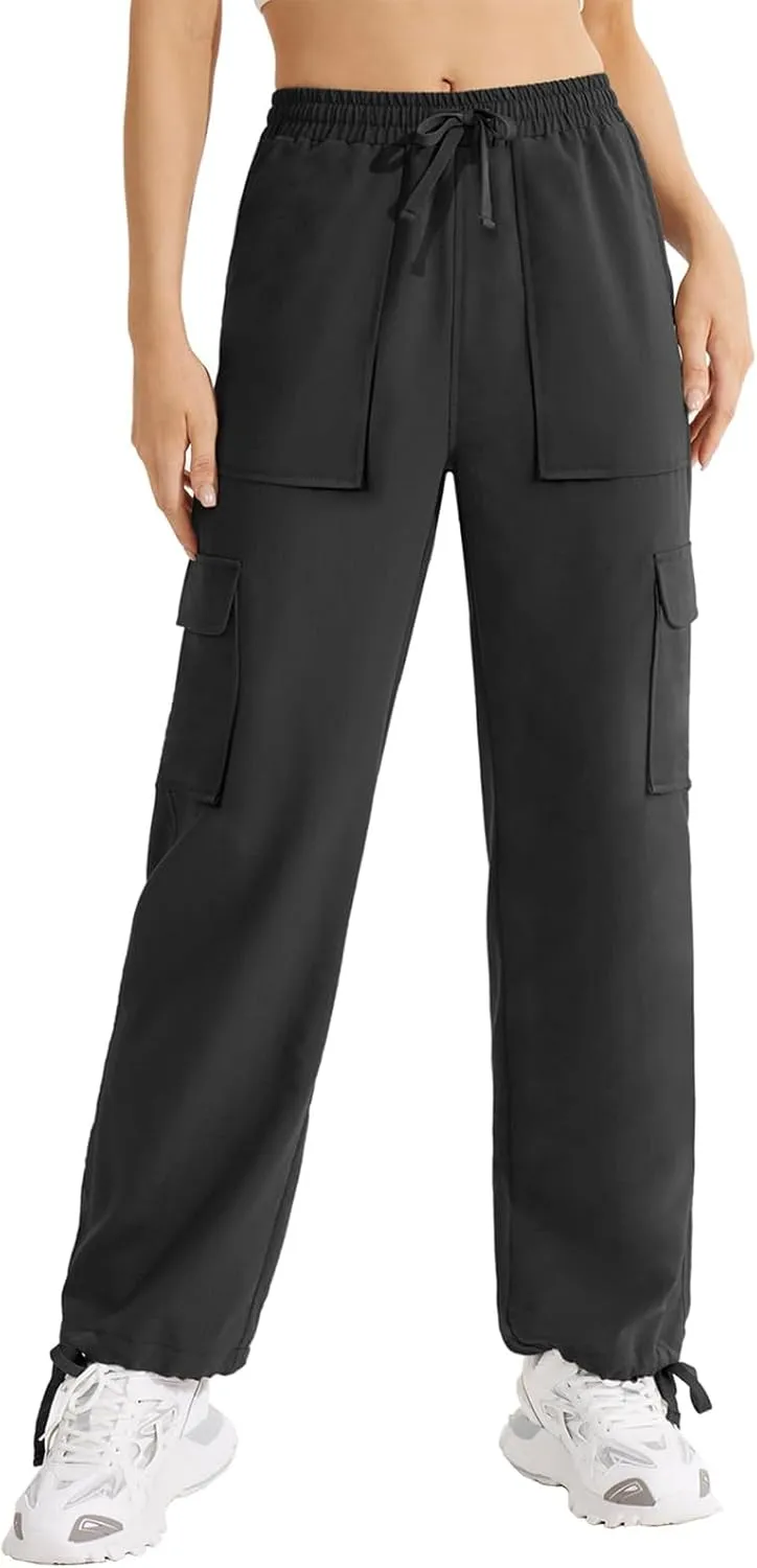 Cargo Sweatpants for Women Drawstring Straight Leg Cargo Joggers with Pockets High Waisted Hiking Pants Lounge Pants