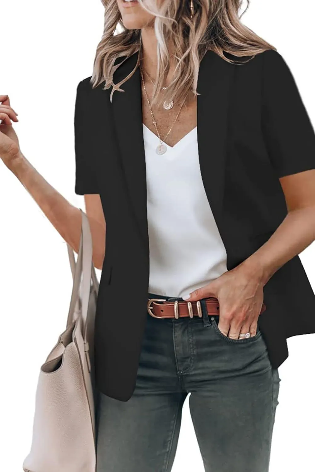Casual Blazer for Women Trendy Short Sleeve Lapel One Button Jacket Blazers Summer Dressy Office Jackets with Pocket