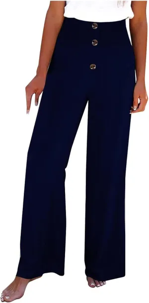 Ceboyel Womens Button Linen Pants Beach Palazzo Pants Straight Wide Leg Palazzo Pants Boho Casual Flowy Lounge Trousers