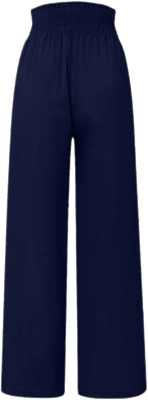 Ceboyel Womens Button Linen Pants Beach Palazzo Pants Straight Wide Leg Palazzo Pants Boho Casual Flowy Lounge Trousers