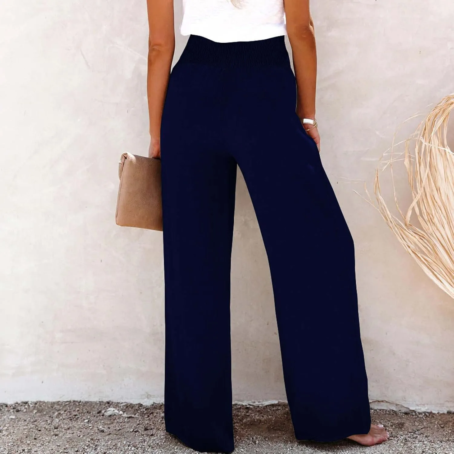 Ceboyel Womens Button Linen Pants Beach Palazzo Pants Straight Wide Leg Palazzo Pants Boho Casual Flowy Lounge Trousers