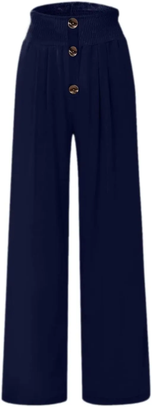 Ceboyel Womens Button Linen Pants Beach Palazzo Pants Straight Wide Leg Palazzo Pants Boho Casual Flowy Lounge Trousers