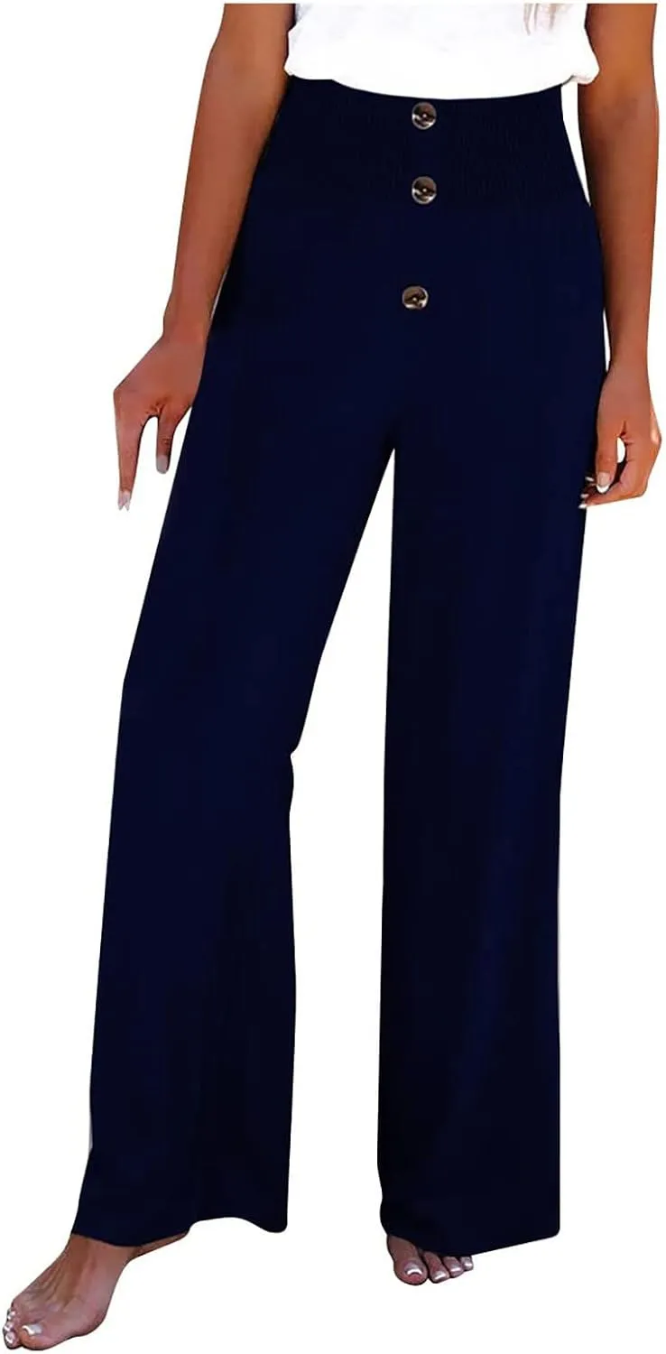Ceboyel Womens Button Linen Pants Beach Palazzo Pants Straight Wide Leg Palazzo Pants Boho Casual Flowy Lounge Trousers