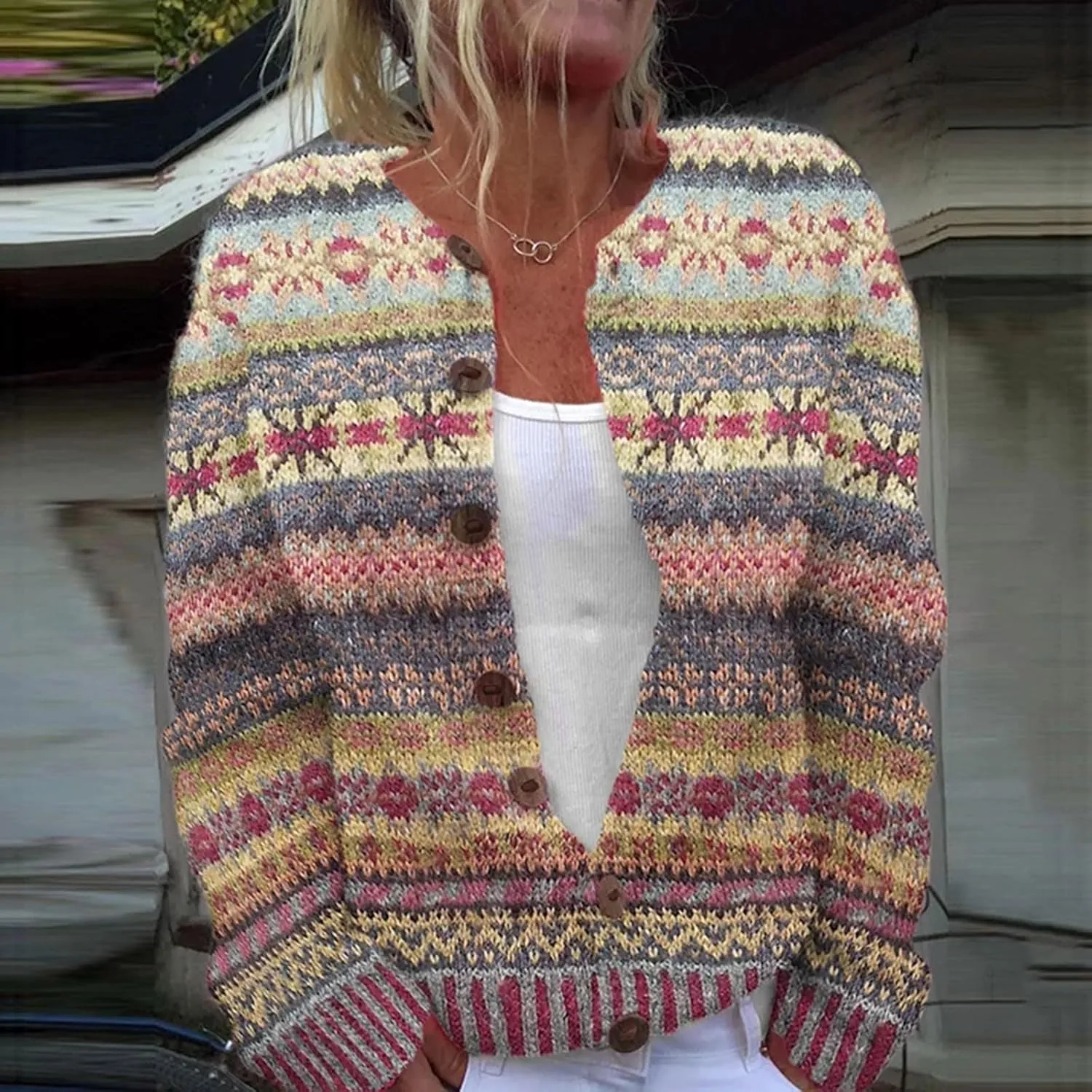 Christmas Sweater for Women Cute Floral Boho Printed Cardigans Sweaters Open Front Button Down Casual Knitted Outerwear