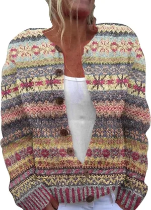 Christmas Sweater for Women Cute Floral Boho Printed Cardigans Sweaters Open Front Button Down Casual Knitted Outerwear