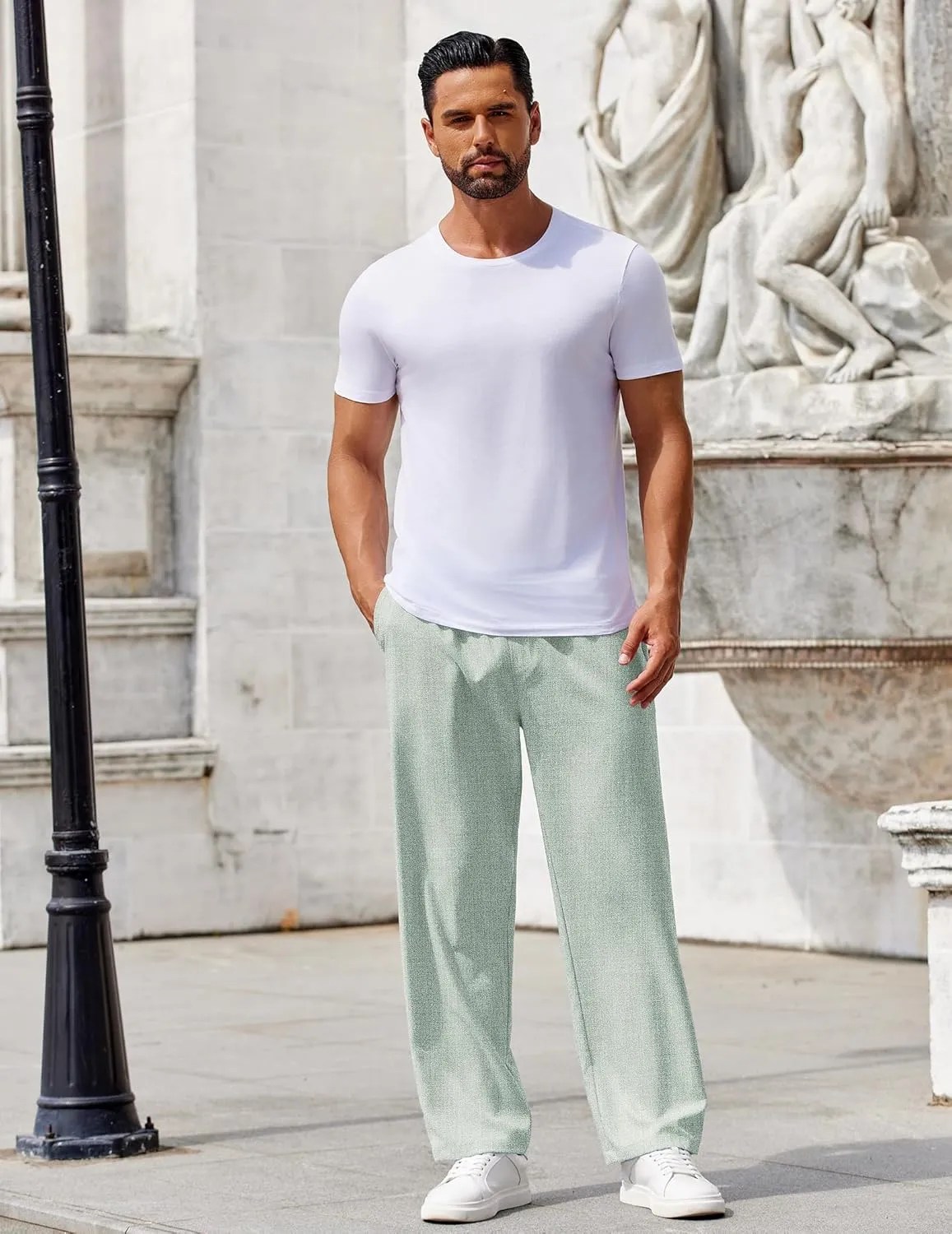 COOFANDY Mens Casual Pants Drawstring Elastic Waist Pants Linen Summer Beach Pants
