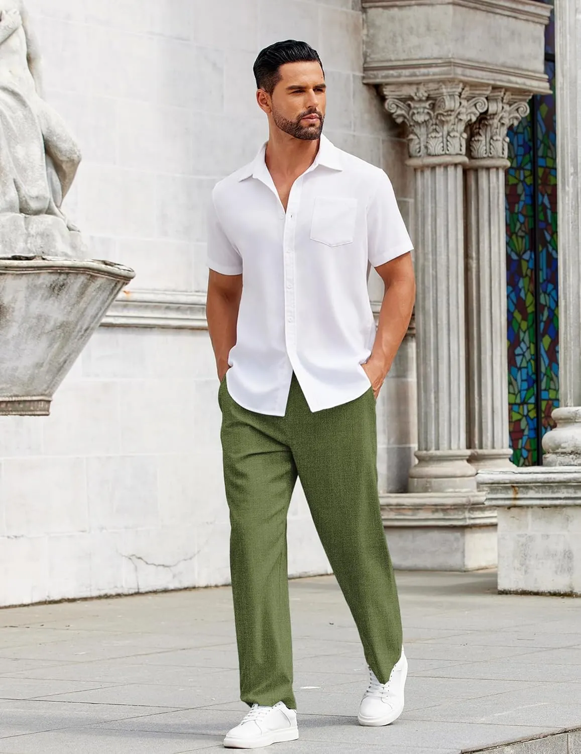 COOFANDY Mens Casual Pants Drawstring Elastic Waist Pants Linen Summer Beach Pants