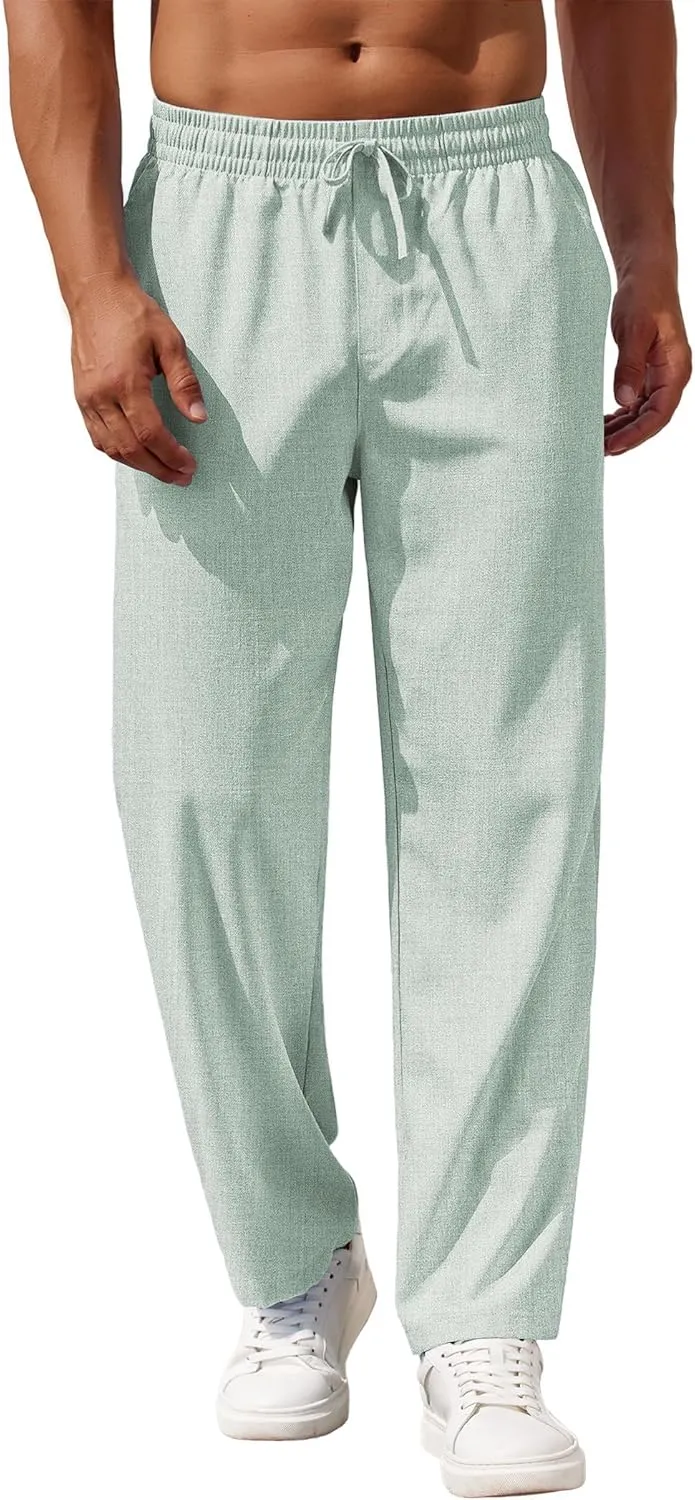 COOFANDY Mens Casual Pants Drawstring Elastic Waist Pants Linen Summer Beach Pants