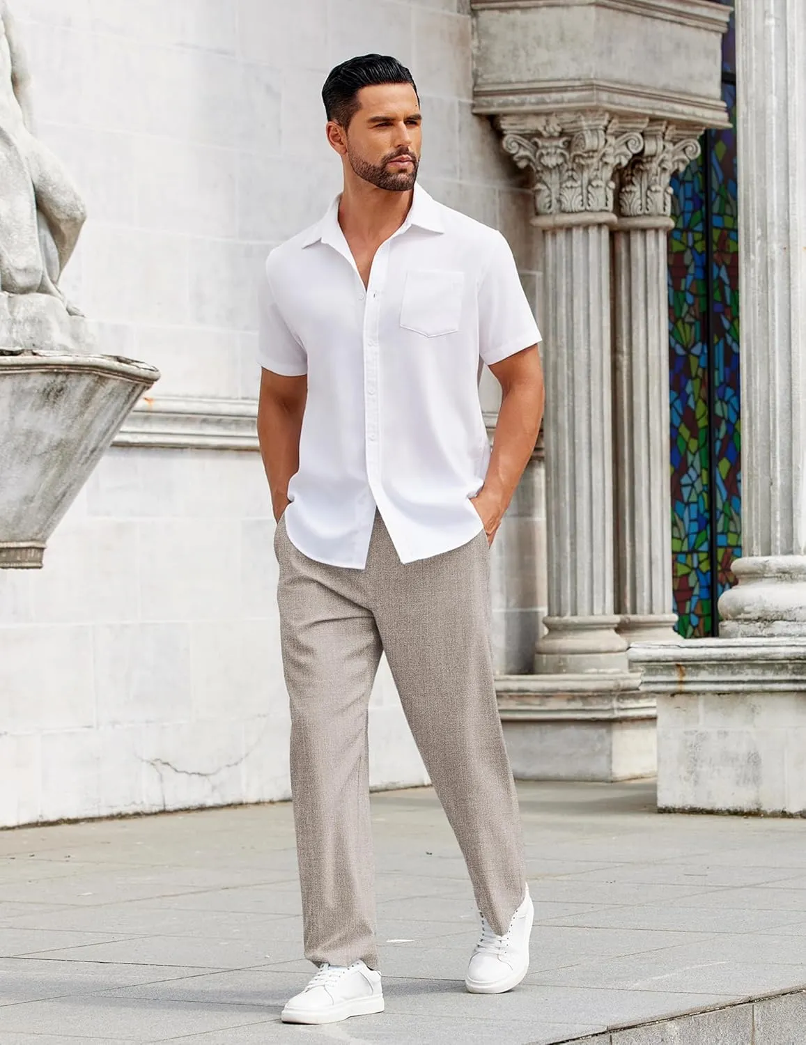 COOFANDY Mens Casual Pants Drawstring Elastic Waist Pants Linen Summer Beach Pants