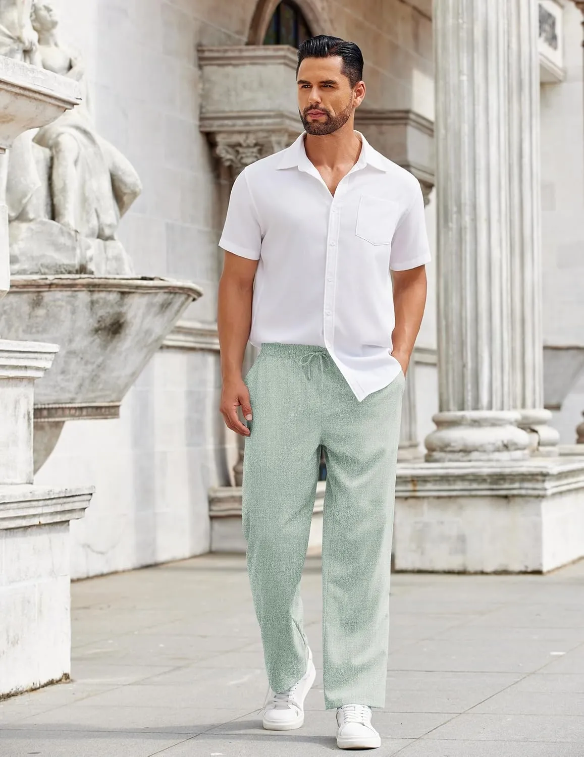 COOFANDY Mens Casual Pants Drawstring Elastic Waist Pants Linen Summer Beach Pants