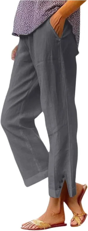 Cotton Linen Work Pants for Women Wide Leg Elastic Waistd Summer Loose Palazzo Flowy Pants Straight Leg Vintage Outfits