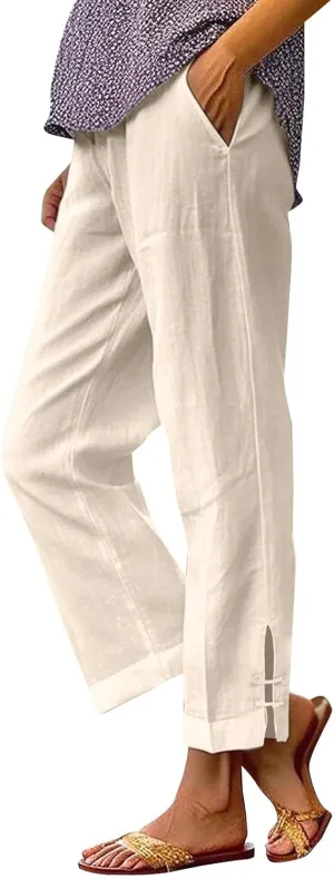 Cotton Linen Work Pants for Women Wide Leg Elastic Waistd Summer Loose Palazzo Flowy Pants Straight Leg Vintage Outfits