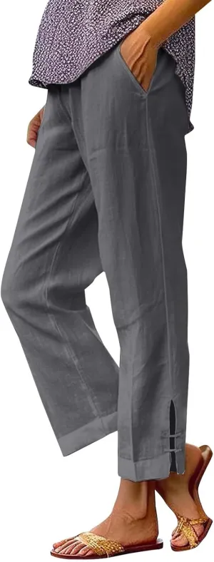 Cotton Linen Work Pants for Women Wide Leg Elastic Waistd Summer Loose Palazzo Flowy Pants Straight Leg Vintage Outfits