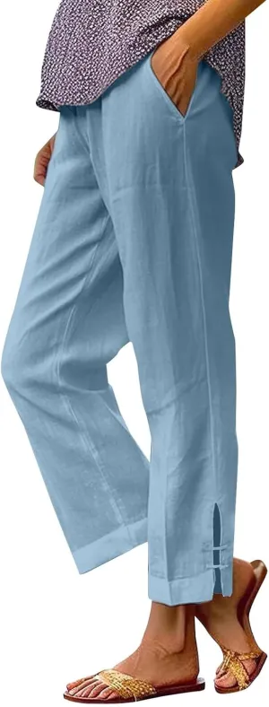 Cotton Linen Work Pants for Women Wide Leg Elastic Waistd Summer Loose Palazzo Flowy Pants Straight Leg Vintage Outfits