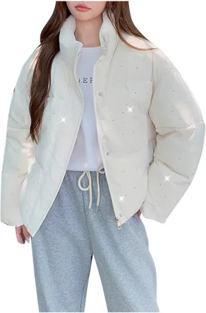 Cropped Puffer Jacket Womens 2024 Fashion Winter Long Sleeve Zip Up Down Coats Stand Collar Outerwear with Pockets