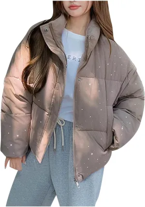 Cropped Puffer Jacket Womens 2024 Fashion Winter Long Sleeve Zip Up Down Coats Stand Collar Outerwear with Pockets