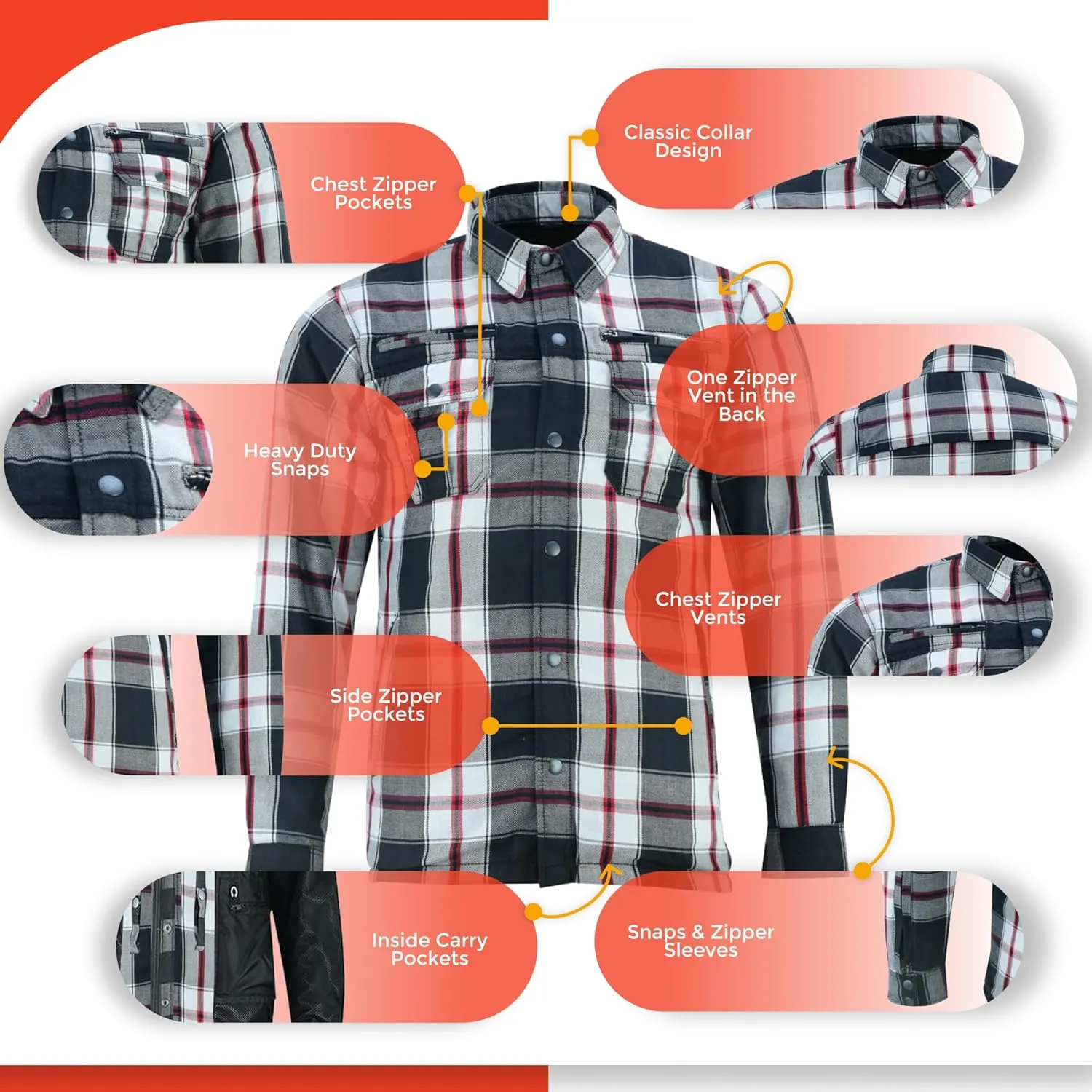 Daniel Smart Men's Motorcycle Shirt Plaid Biker Flannel Jacket Removable Sporty Armored, Zipper Closure & Water Resistant