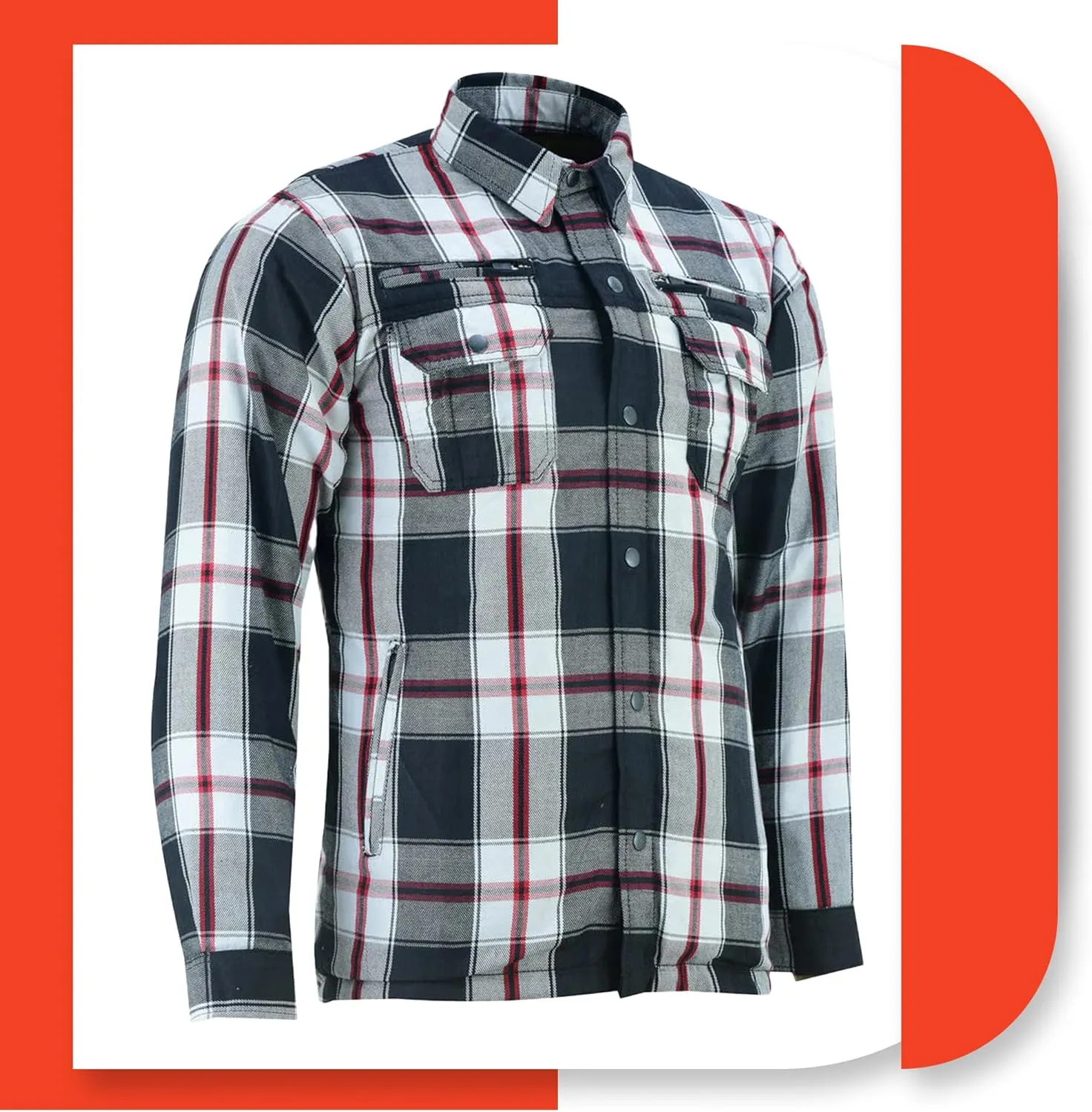 Daniel Smart Men's Motorcycle Shirt Plaid Biker Flannel Jacket Removable Sporty Armored, Zipper Closure & Water Resistant