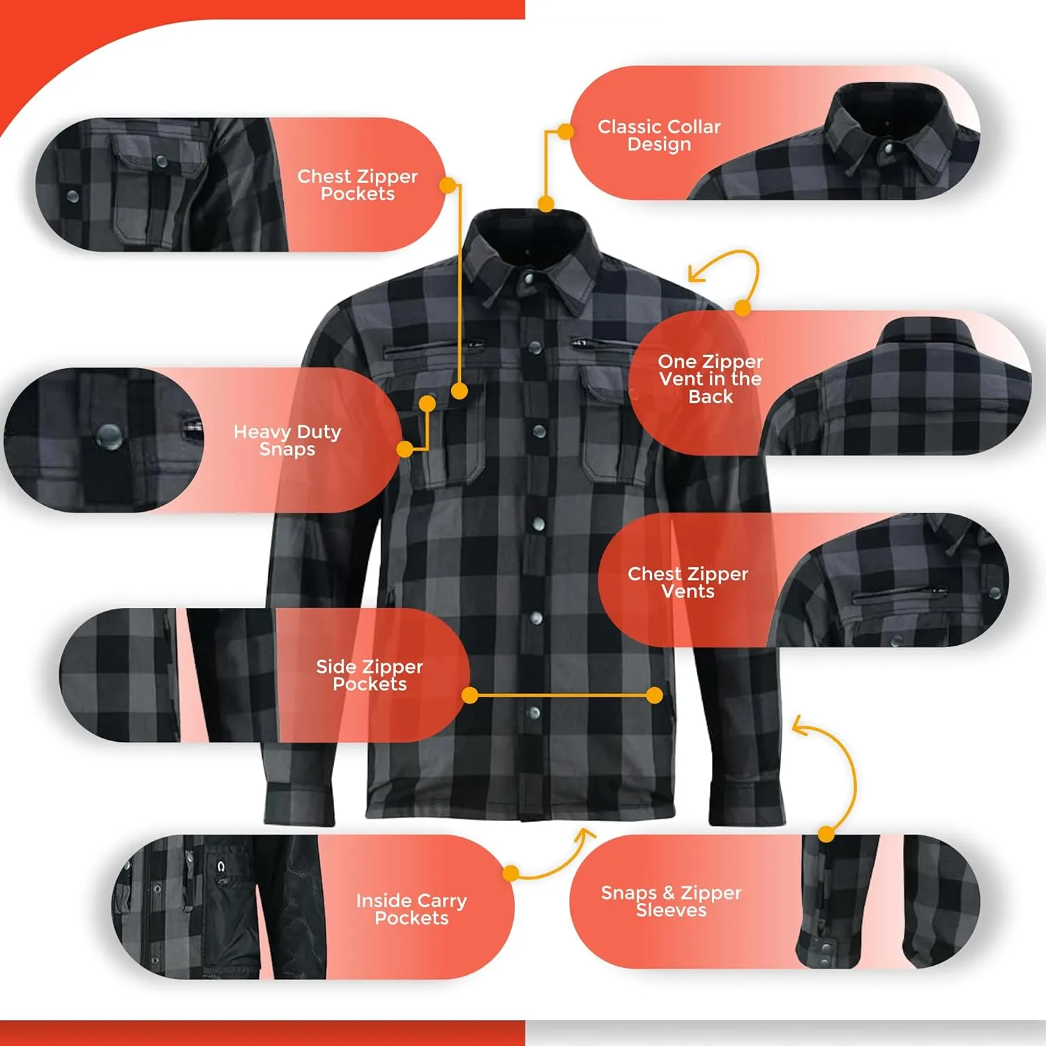 Daniel Smart Men's Motorcycle Shirt Plaid Biker Flannel Jacket Removable Sporty Armored, Zipper Closure & Water Resistant