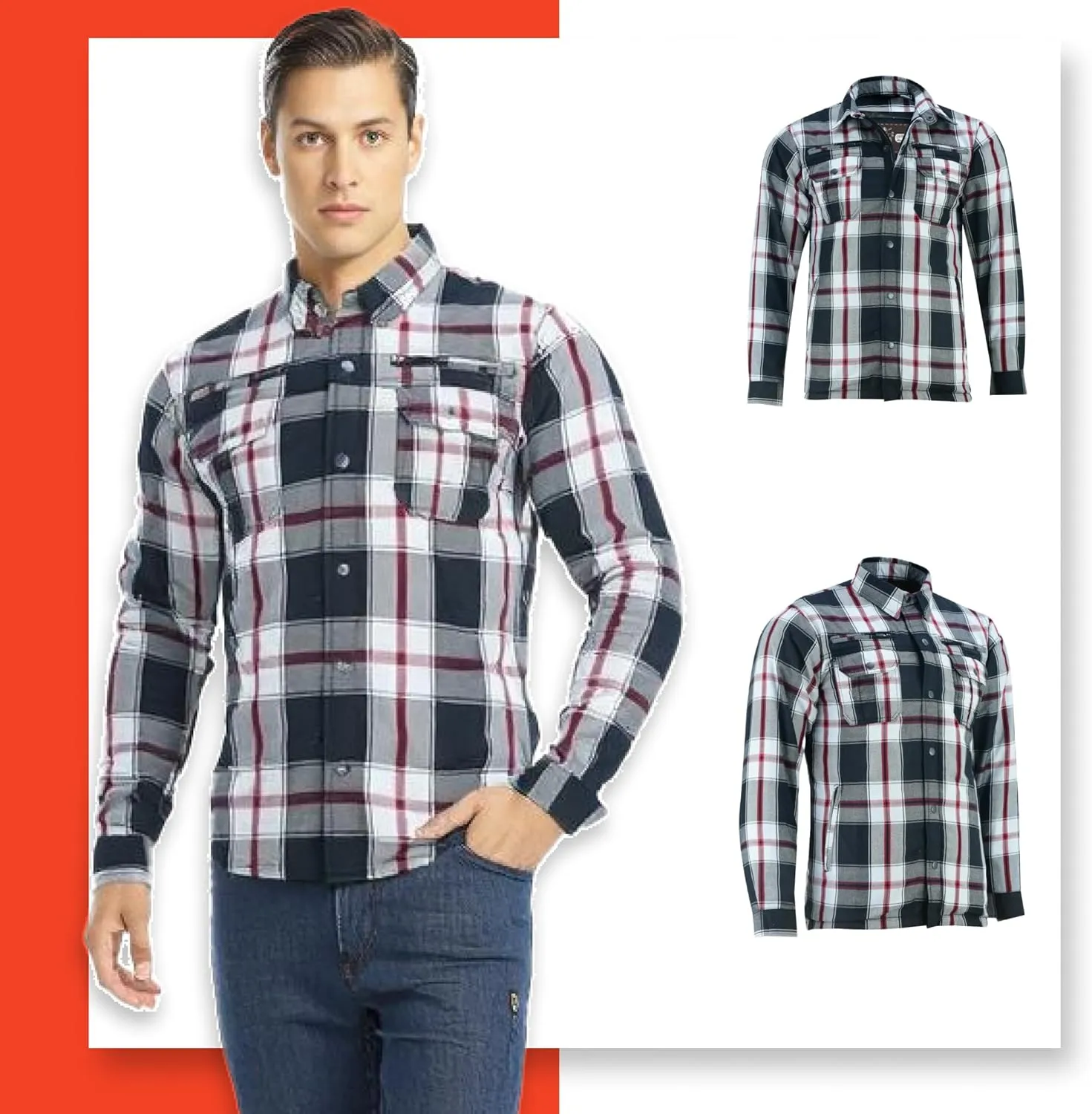 Daniel Smart Men's Motorcycle Shirt Plaid Biker Flannel Jacket Removable Sporty Armored, Zipper Closure & Water Resistant