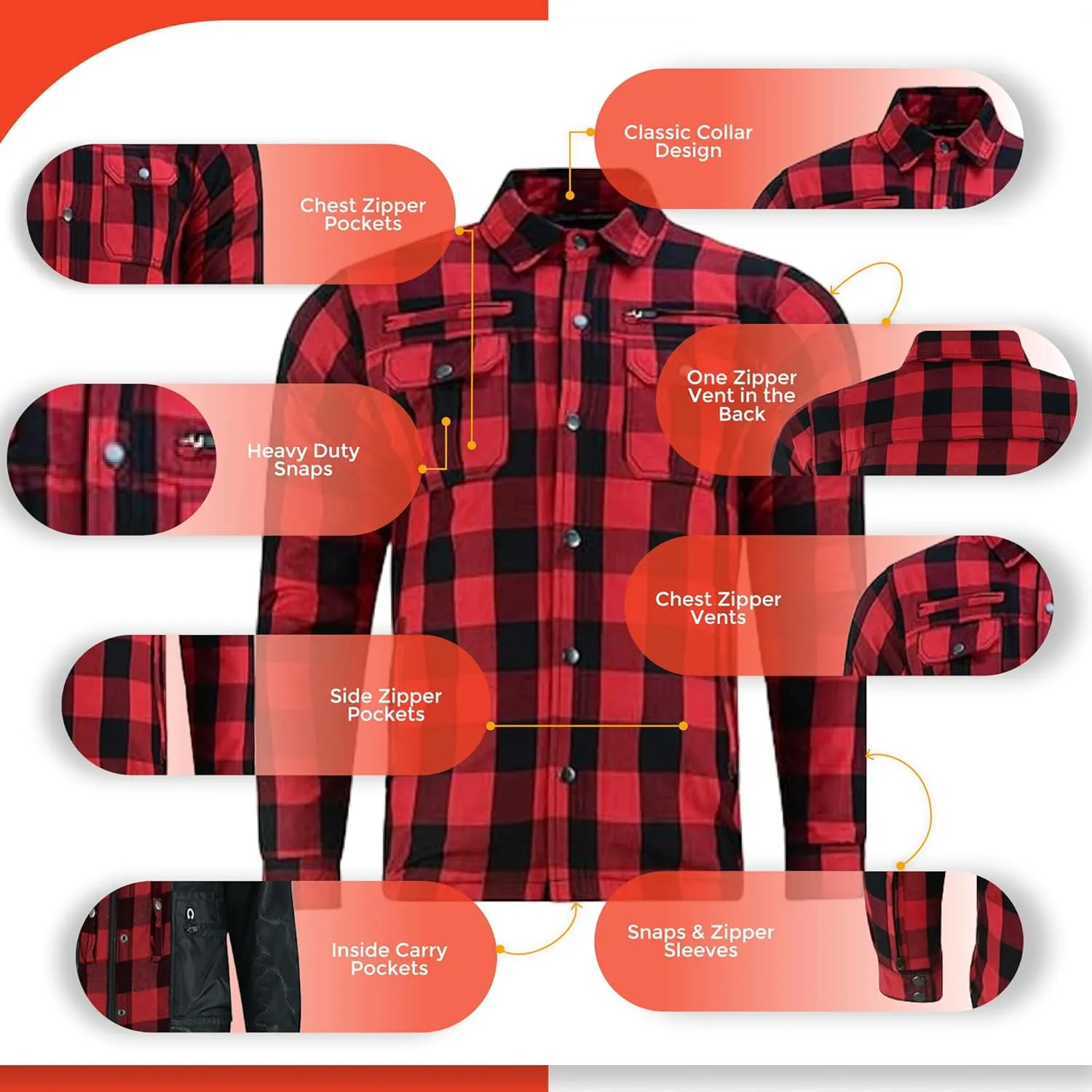 Daniel Smart Men's Motorcycle Shirt Plaid Biker Flannel Jacket Removable Sporty Armored, Zipper Closure & Water Resistant