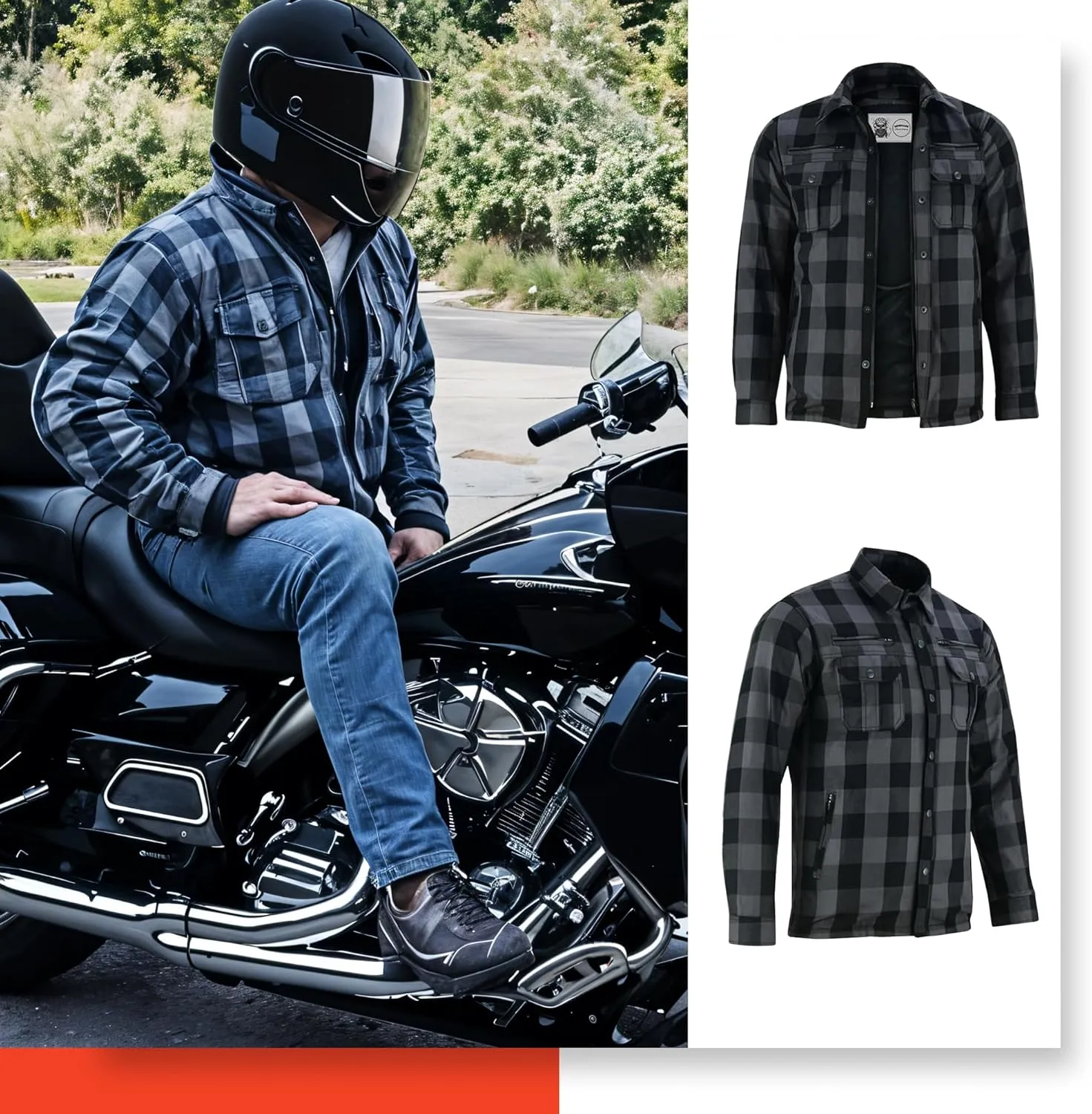 Daniel Smart Men's Motorcycle Shirt Plaid Biker Flannel Jacket Removable Sporty Armored, Zipper Closure & Water Resistant