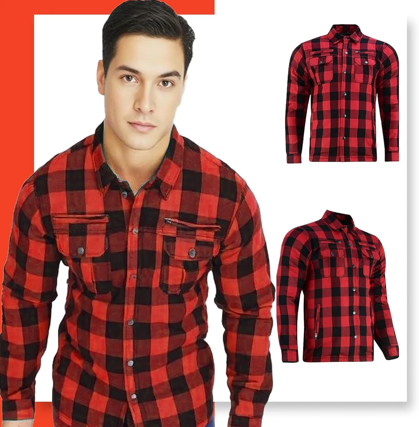 Daniel Smart Men's Motorcycle Shirt Plaid Biker Flannel Jacket Removable Sporty Armored, Zipper Closure & Water Resistant