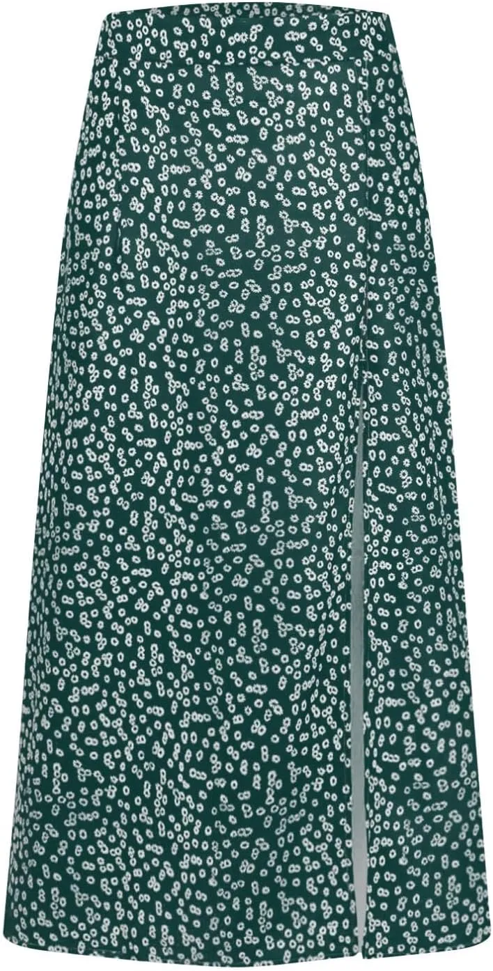 Ditsy Floral Boho Skirt for Women with Slit Summer High Waisted Flowy Midi Skirt Casual A-Line Split Beach Skirt
