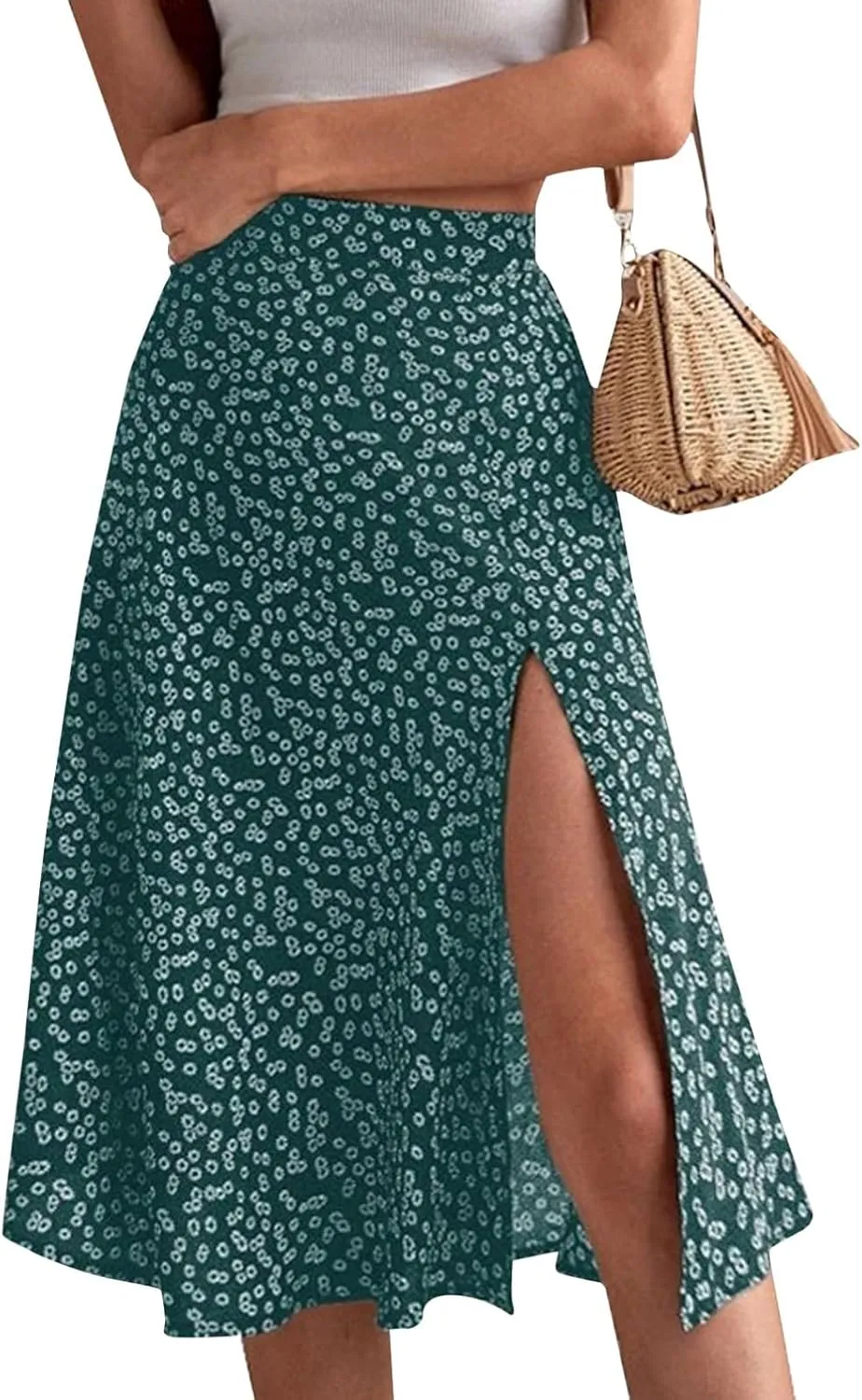 Ditsy Floral Boho Skirt for Women with Slit Summer High Waisted Flowy Midi Skirt Casual A-Line Split Beach Skirt