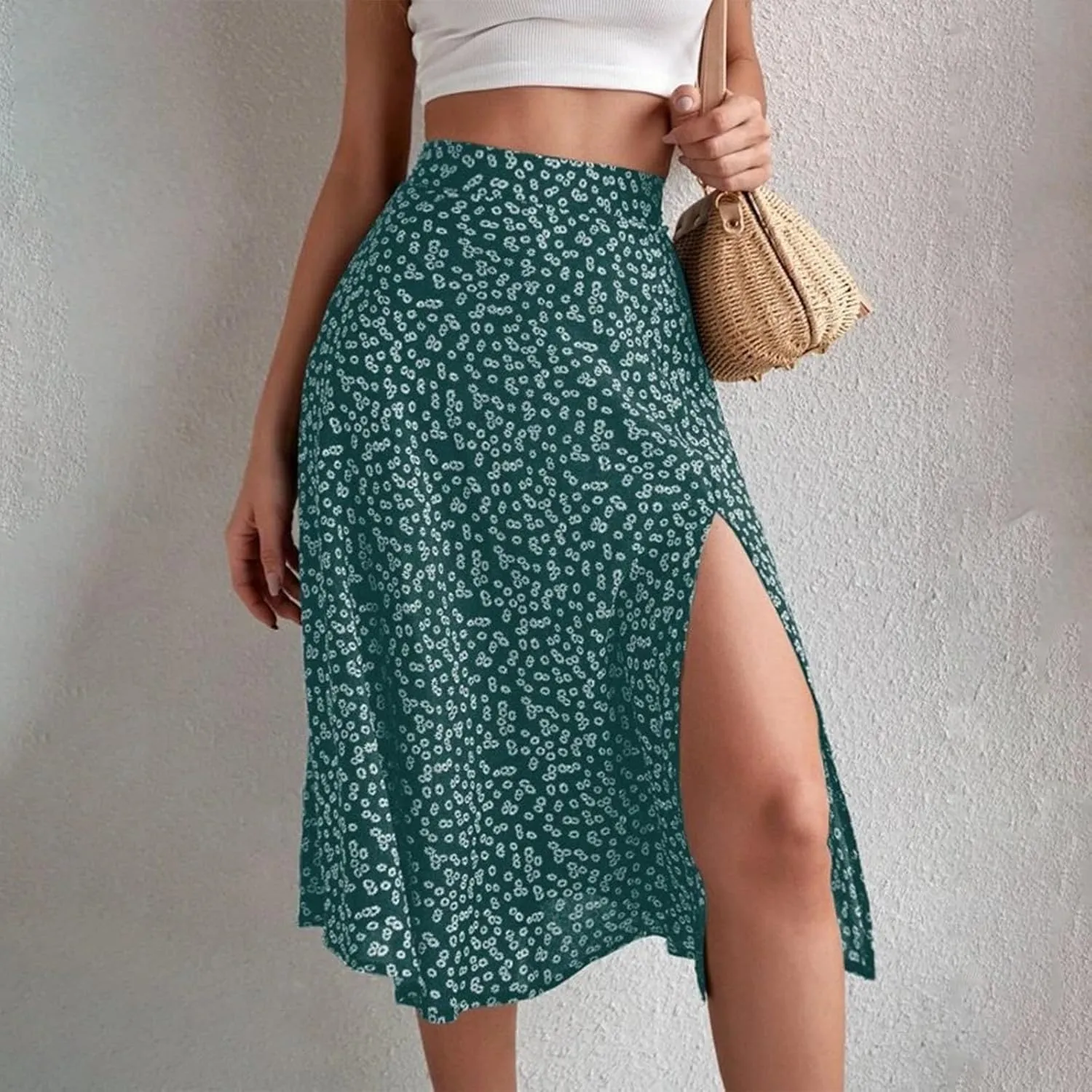 Ditsy Floral Boho Skirt for Women with Slit Summer High Waisted Flowy Midi Skirt Casual A-Line Split Beach Skirt