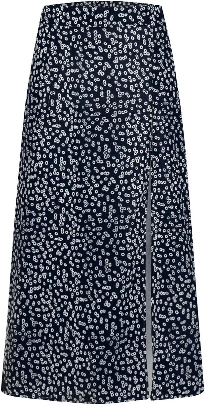 Ditsy Floral Boho Skirt for Women with Slit Summer High Waisted Flowy Midi Skirt Casual A-Line Split Beach Skirt
