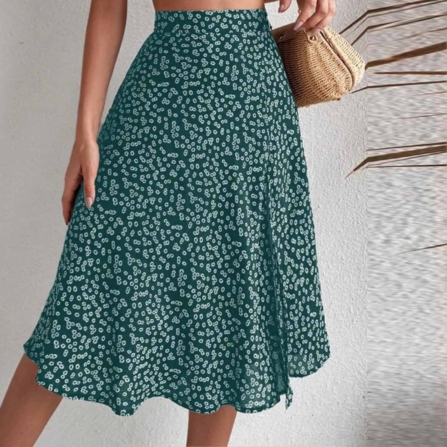 Ditsy Floral Boho Skirt for Women with Slit Summer High Waisted Flowy Midi Skirt Casual A-Line Split Beach Skirt
