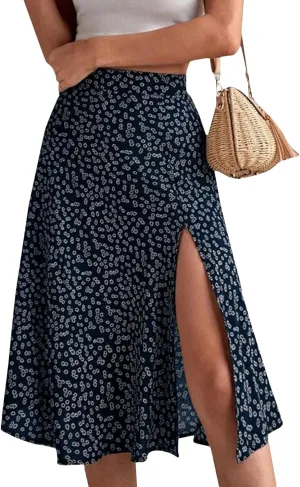 Ditsy Floral Boho Skirt for Women with Slit Summer High Waisted Flowy Midi Skirt Casual A-Line Split Beach Skirt