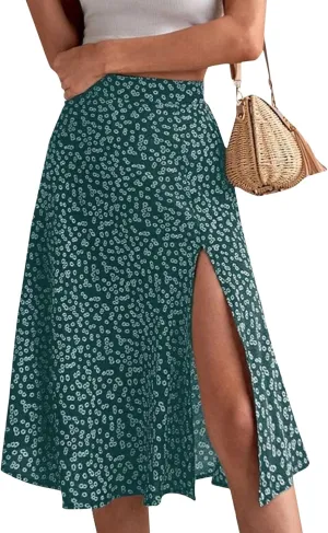 Ditsy Floral Boho Skirt for Women with Slit Summer High Waisted Flowy Midi Skirt Casual A-Line Split Beach Skirt