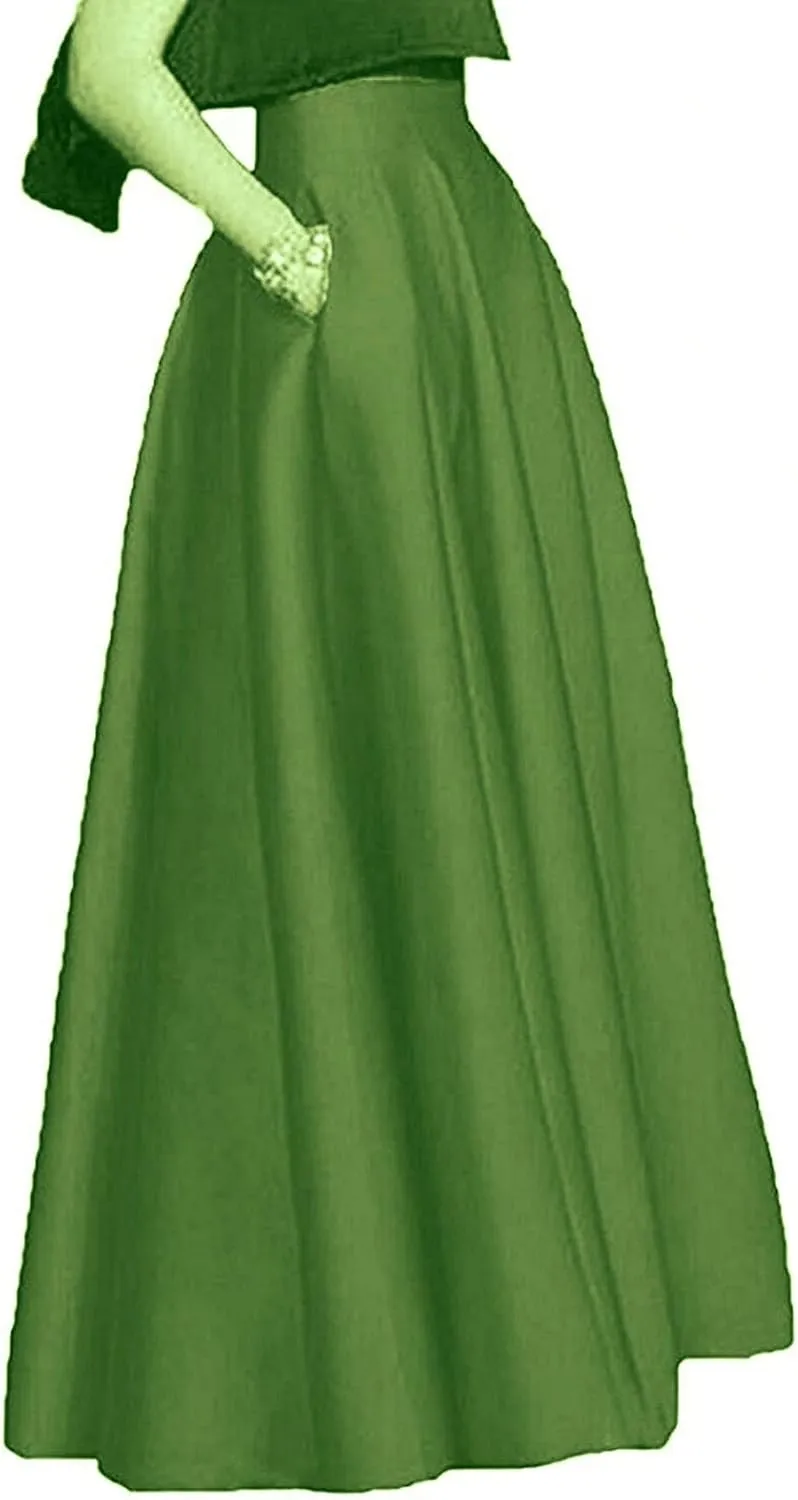 Diydress Long Maxi Satin Skirts High Waist A-Line Pleated Formal Prom Party Skirts with Pockets