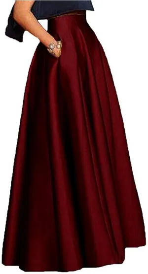 Diydress Long Maxi Satin Skirts High Waist A-Line Pleated Formal Prom Party Skirts with Pockets