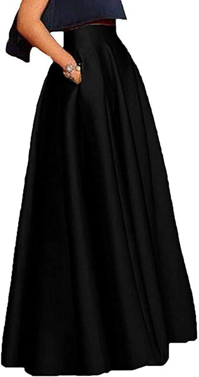 Diydress Long Maxi Satin Skirts High Waist A-Line Pleated Formal Prom Party Skirts with Pockets