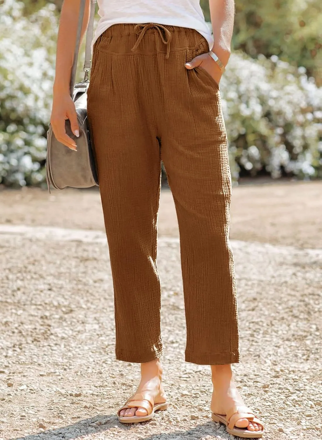 Dokotoo Linen Pants for Women Casual Loose Straight Elastic Waist Pants with Pockets