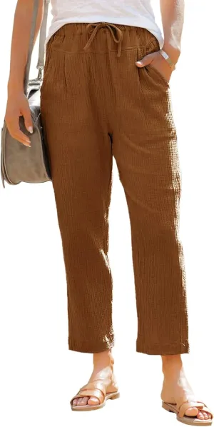 Dokotoo Linen Pants for Women Casual Loose Straight Elastic Waist Pants with Pockets