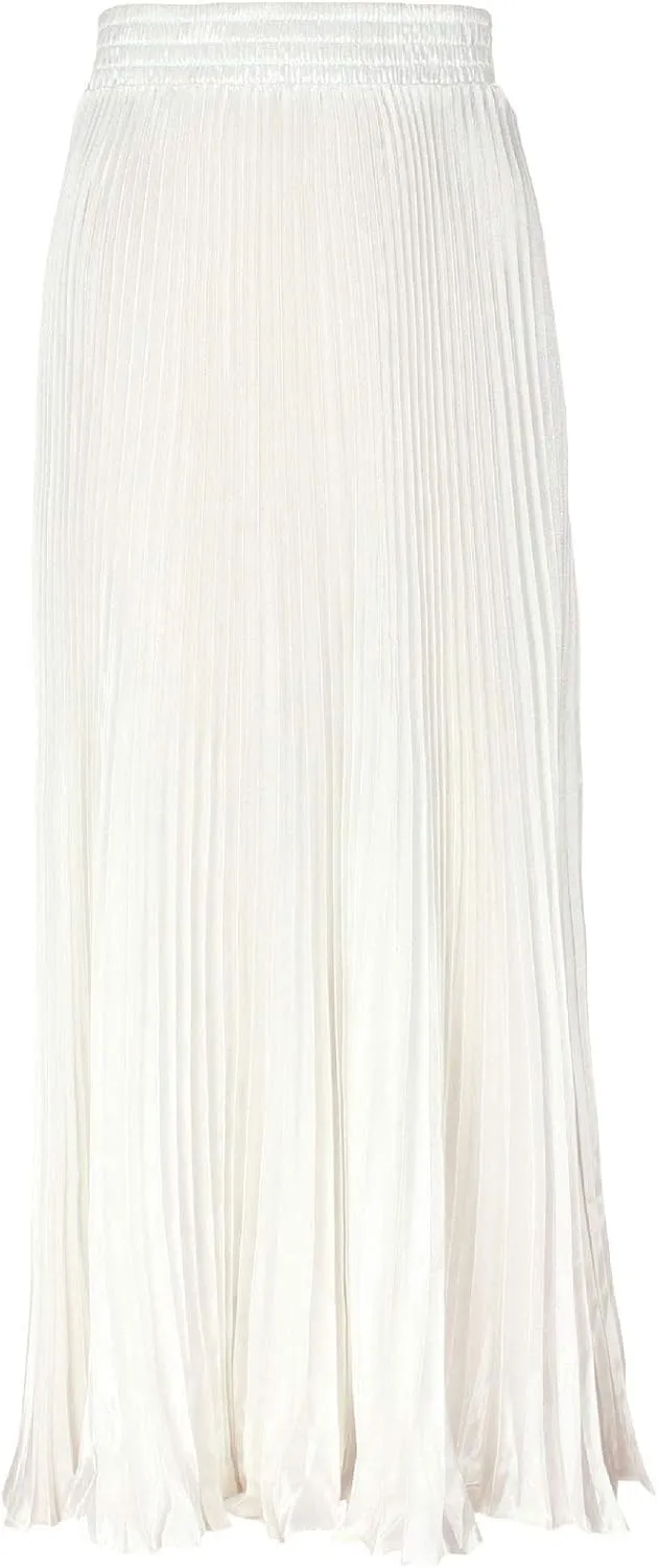 ebossy Women's Boho Satin Metallic Pleated Accordion Skirts Elastic High Waist Flowy A Line Shirring Maxi Long Skirt (One Size, White)