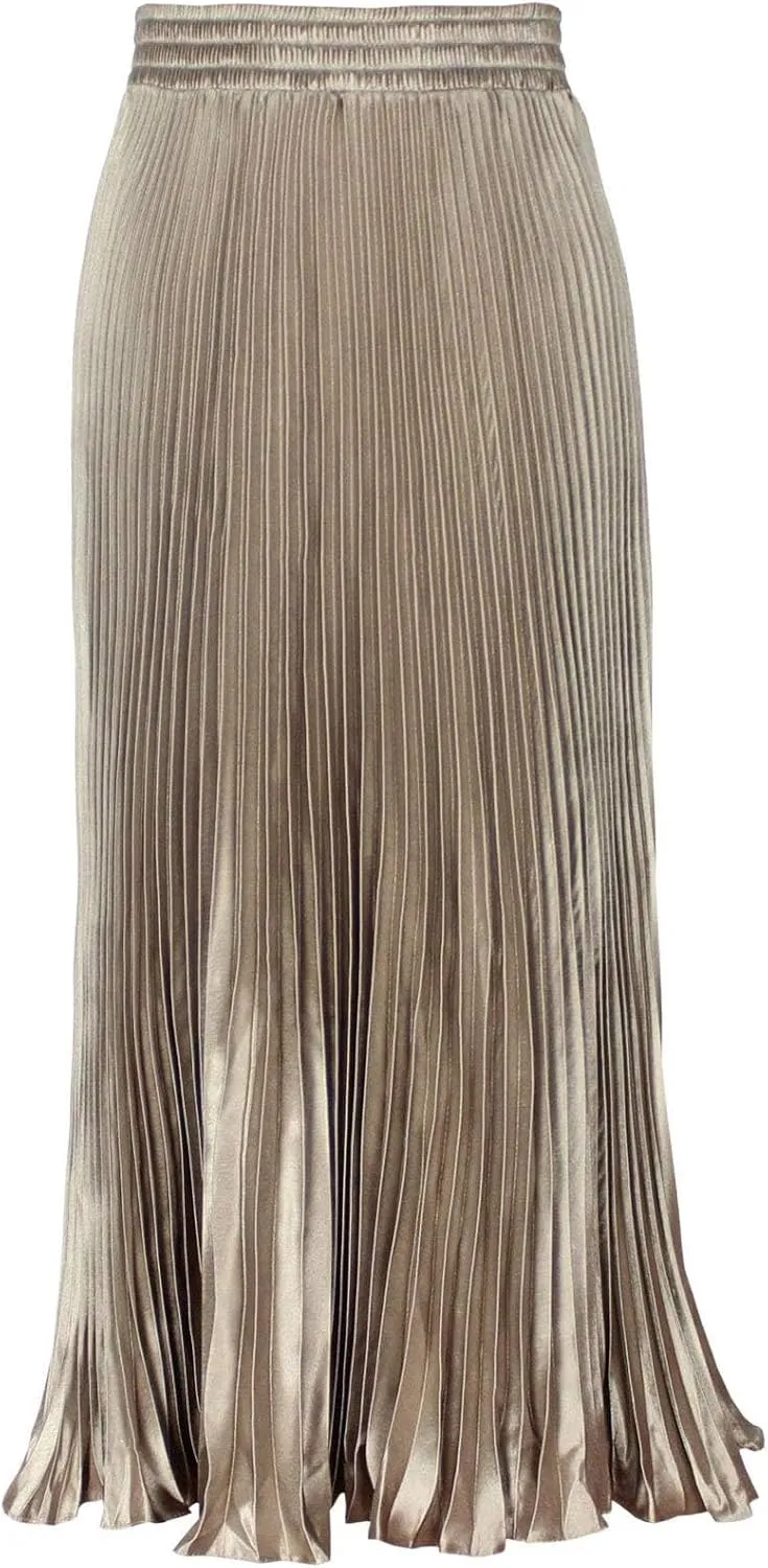 ebossy Women's Boho Satin Metallic Pleated Accordion Skirts Elastic High Waist Flowy A Line Shirring Maxi Long Skirt